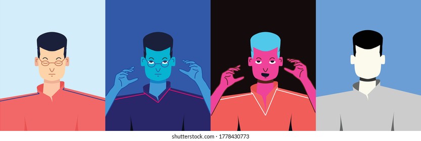 Boy casting a spell. Hands up. Colored pack of various sets and silhouette. Avatar. Vector Flat Illustration.