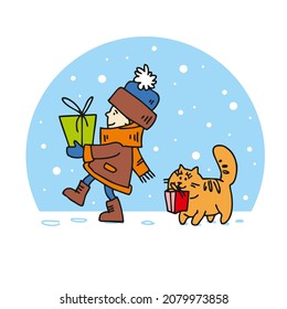 Junge und Katze tragen Geschenkbox. Winterschneehintergrund.