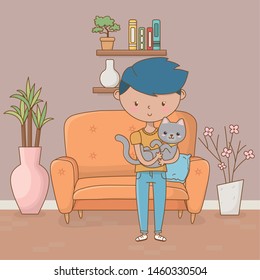 Boy with cat cartoon design