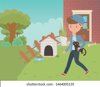 Boy with cat cartoon design