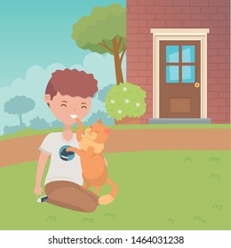 Boy with cat cartoon design
