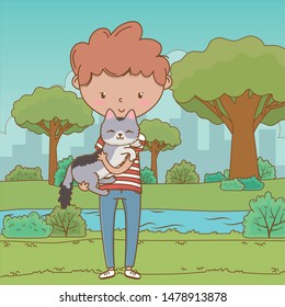 Boy with cat cartoon design