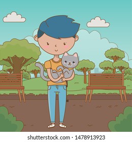 Boy with cat cartoon design