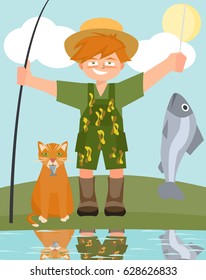 boy and cat with caught fish vector cartoon