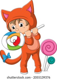 The boy with the cat costume is bitting the lollipop of illustration