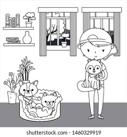 Boy with cat and dogs cartoons design