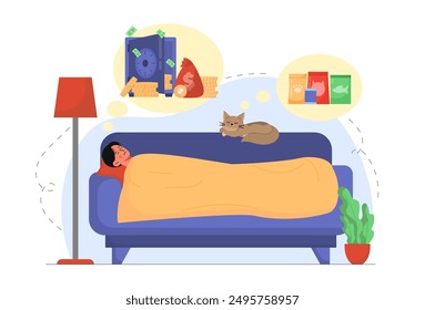 Boy and cat in dreamland. Schoolboy sleeps and dreams of wealth, kitten dreams of bowls of food. Peaceful scene at home. Rest and relax. Flat vector illustration isolated on white background