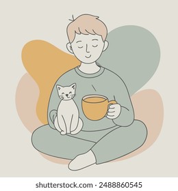 A boy with a cat illustration design.