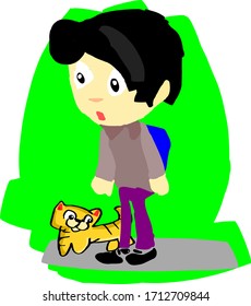 Boy And The Cat Isolated Story Vector For Kids