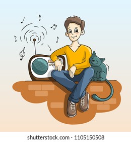 A boy and a cat listen to music on a retro radio