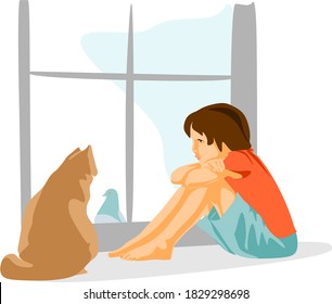 Ein Junge und eine Katze schauen aus dem Fenster. Vor dem Fenster ist eine Taube.