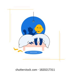 The boy and the cat are lying on the bed. The cat stretches out its paw. Cartoon vector illustration. Sketch.