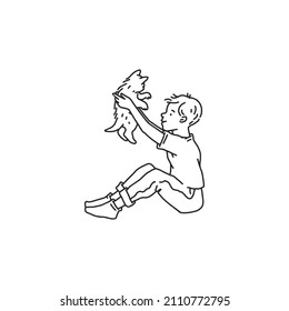 Niño con una mascota de gato. Ilustración de la línea de contorno blanco negro Doodle.