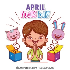 boy with cat and rabbit box to fools day