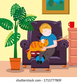 A boy with a cat sitting on a chair and resting. Doze. Near the chair is a potted flower and a chest of drawers with a mug.