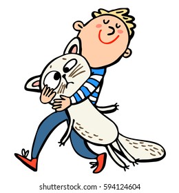 Boy and cat. Vector graphic art.