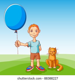 The boy and the cat walk with inflatable ball. Vector illustration.