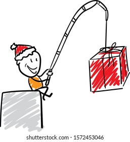 Boy catch a present. Happy face in a new year hat.
Boy hand drawn doodle line art cartoon design character - isolated vector illustration outline of woman.

