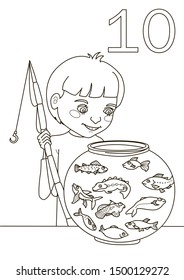 boy catches fish in an aquarium. Image conceived as a learning coloring book