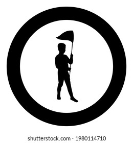 Boy catches sacc butterfly Kid catching playing with net Cute little male active play Children action concept Son walk Happy idea silhouette in circle round black color vector illustration solid 