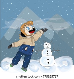 the boy catches snowflakes