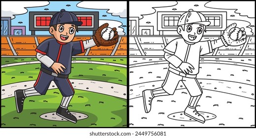 Boy Catching Baseball Coloring Page Illustration