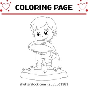 boy is catching big dead fish coloring page for kids