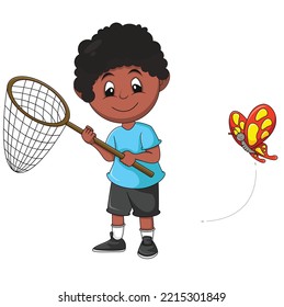 
boy is catching a butterfly cartoon vector illustration