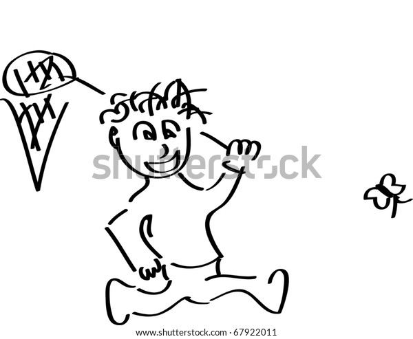 Boy Catching Butterfly Hoopnet Hand Drawing Stock Vector (Royalty Free