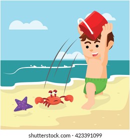boy catching crab in beach svg