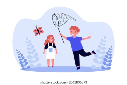 Boy catching flying butterfly with net. Cute little children playing together flat vector illustration. Summer game in playground, childhood concept for banner, website design or landing web page