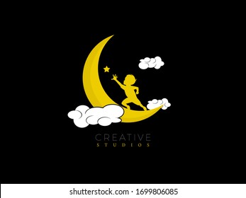 A Boy Catching Star Creative Moon Logo Vector Illustration with Cloud for E-commerce, IT, Company, Super Market, Products, Education, Food, Agency, Creative, Medical, Hospitality, Entertainment, Media