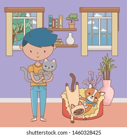 Boy with cats and dog cartoon design