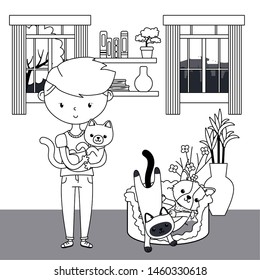 Boy with cats and dog cartoon design