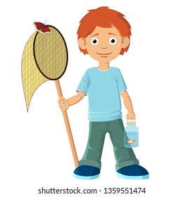 El niño cogió un pez con una red. Ponlo en el frasco y llevarlo a casa. Ilustración del vector