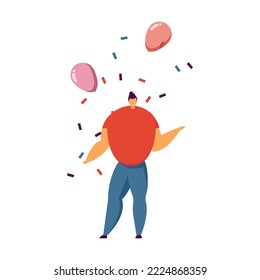 Boy celebrating birthday or success. Happy person dancing at party with confetti and balloons, having fun together. Celebration, office party concept