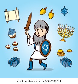 Boy celebrating Hanukkah. Hand drawn vector illustration.