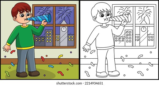 Boy Celebrating New Year Coloring Illustration