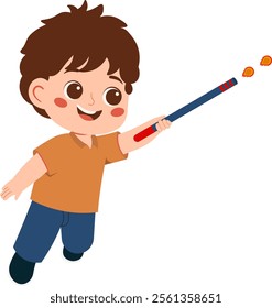 Boy Celebrating New Year Holding Fireworks Illustration