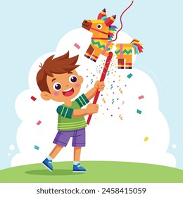 Boy celebrating Posada by breaking a traditional donkey shaped Pinata. Flat vector cartoon illustration isolated on white background.