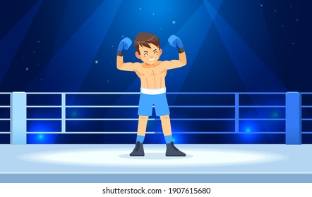 The boy champion boxer enjoys his victory in the ring lights. Professional boxing among young guys. Cartoon vector illustration.