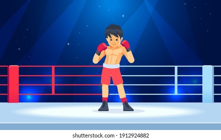 The boy champion boxer enjoys his victory in the ring and raises his gloves after winning. Professional boxing among young guys. Cartoon vector illustration.