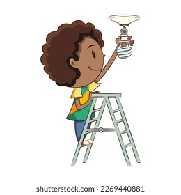 Boy changing light bulb, saving, energy
