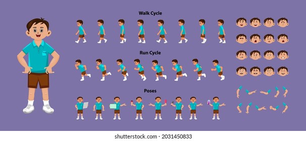 Boy Character 2d Model Sheet With Walk Cycle And Run Cycle Animation Sprites Sheet. Boy Character With Different Poses