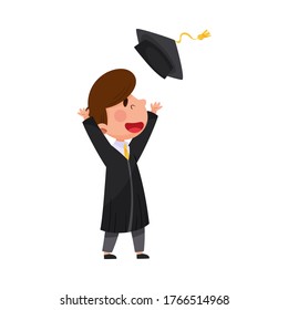 Junge Figur in akademischem Gown und Square Cap jubeln über Graduierung Zeremonie Vektorgrafik