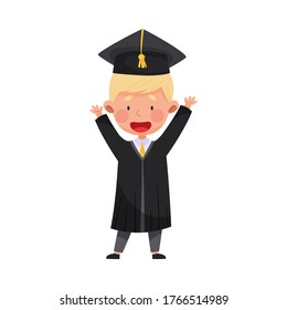 Boy Character in Academic Gown and Square Cap Cheering About Graduation Ceremony Vector Illustration