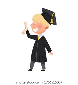 Boy Character in Academic Gown and Square Cap Cheering About Graduation Ceremony Vector Illustration