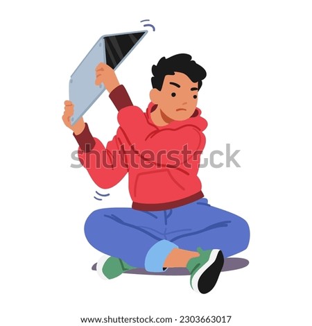 Boy Character Angrily Breaks Laptop In Frustration, Shattering Screen, Symbolizing Technology-related Stress And The Consequences Of Impulsive Actions Isolated on White. Cartoon Vector Illustration