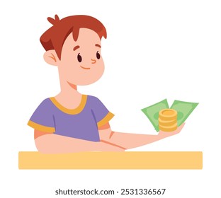 Boy Character with Banknote Cash Save Money Vector Illustration