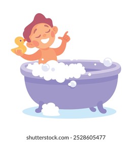 Boy Character in Bathroom Bathing in Bathtub Enjoy Morning Routine Vector Illustration